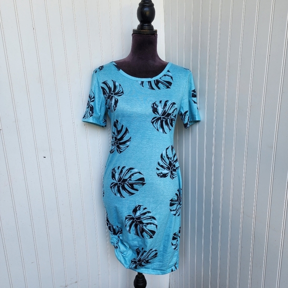 Pat Pat Womens Stretch Mini Shirt Dress Tropical Pattern Monstera Short Sleeve M - Picture 1 of 15